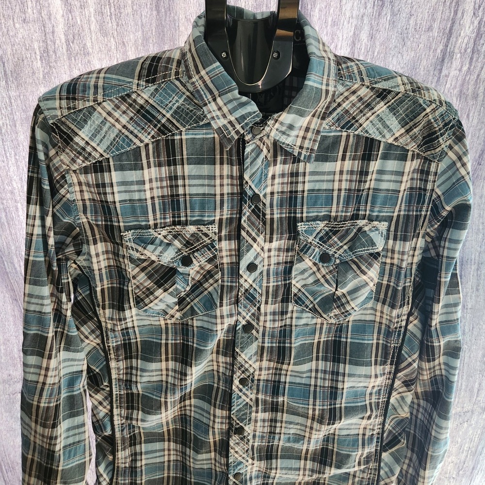 Buckle Black Label Mens Plaid Shirt Long Sleeve Athletic‎ Fit Western Medium